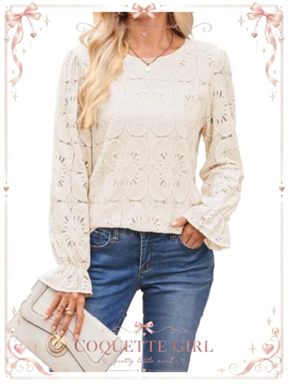 Womens Lace Blouse Eyelet Embroidered Long Sleeve Dressy Top